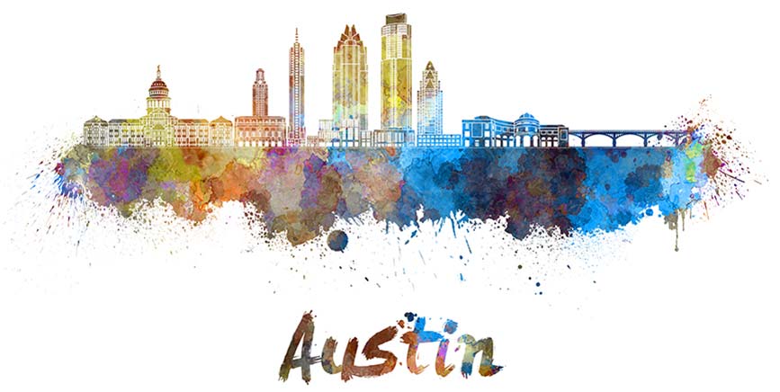Austin Texas skyline in watercolors